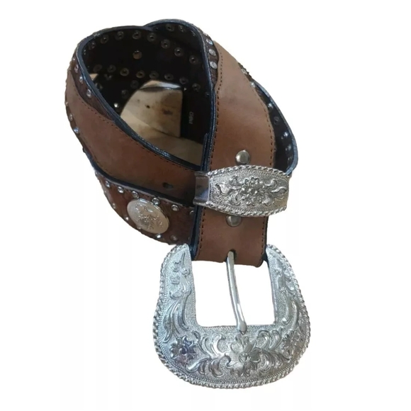 Nocona Hair On Hide Leather Belt  Conchos Rhinestone Bling Brown Woman M Western